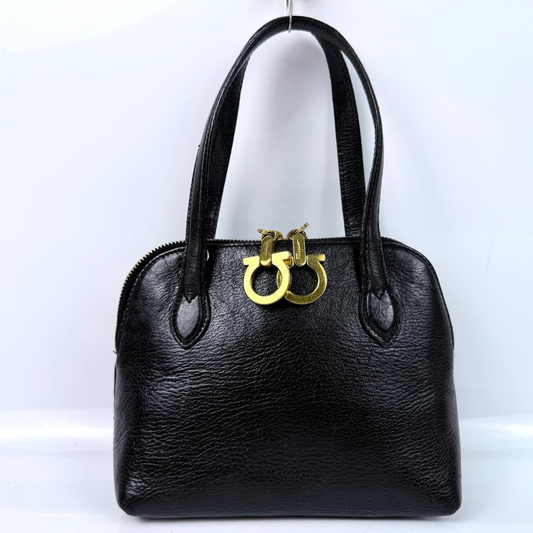 Salvatore Ferragamo Hand Bag Tote Purse Gancini Leather Black Authentic