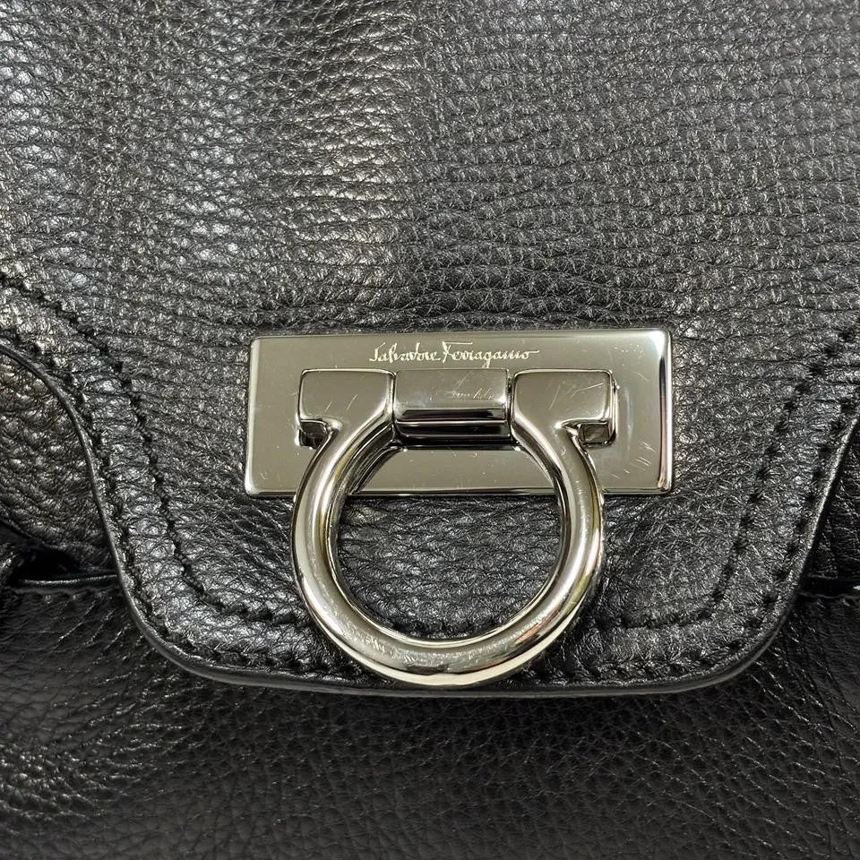 Salvatore Ferragamo Hand Bag Tote Purse Gancini Leather Black Authentic