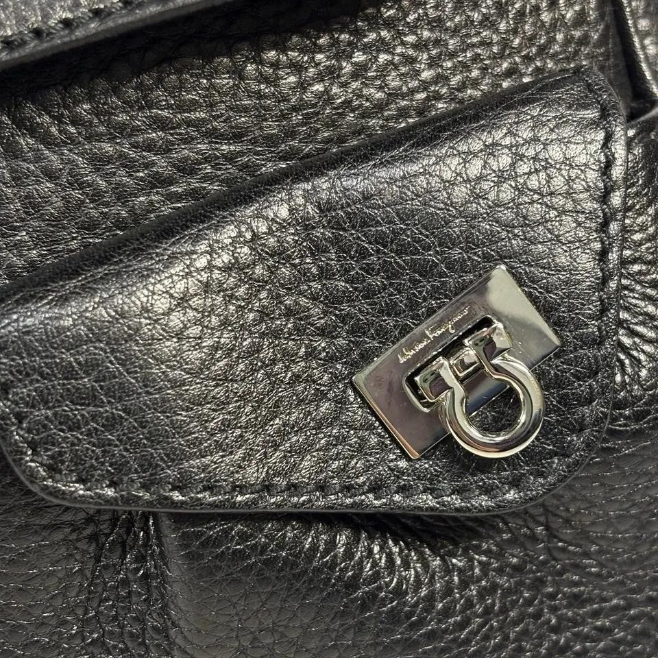 Salvatore Ferragamo Hand Bag Tote Purse Gancini Leather Black Authentic