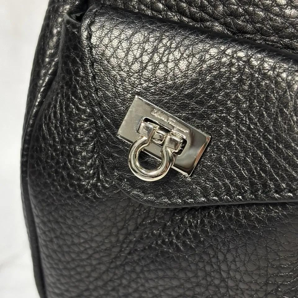 Salvatore Ferragamo Hand Bag Tote Purse Gancini Leather Black Authentic