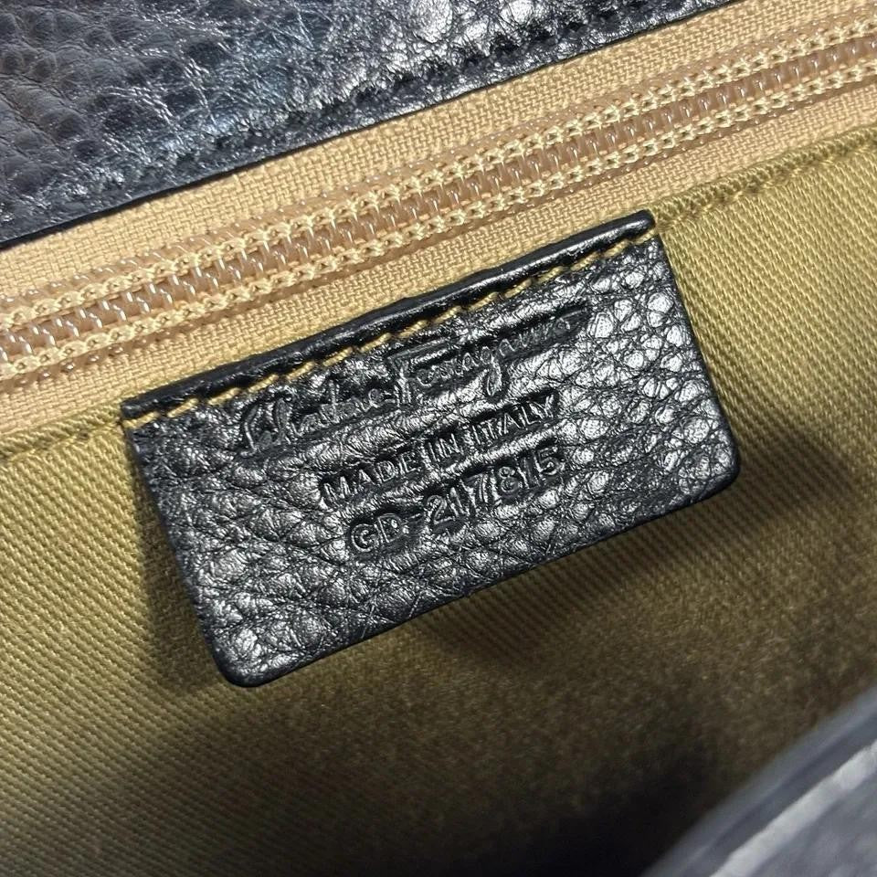 Salvatore Ferragamo Hand Bag Tote Purse Gancini Leather Black Authentic