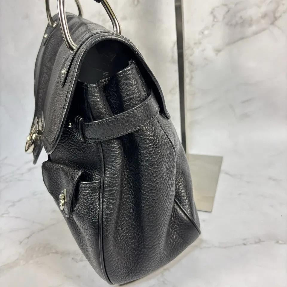 Salvatore Ferragamo Hand Bag Tote Purse Gancini Leather Black Authentic
