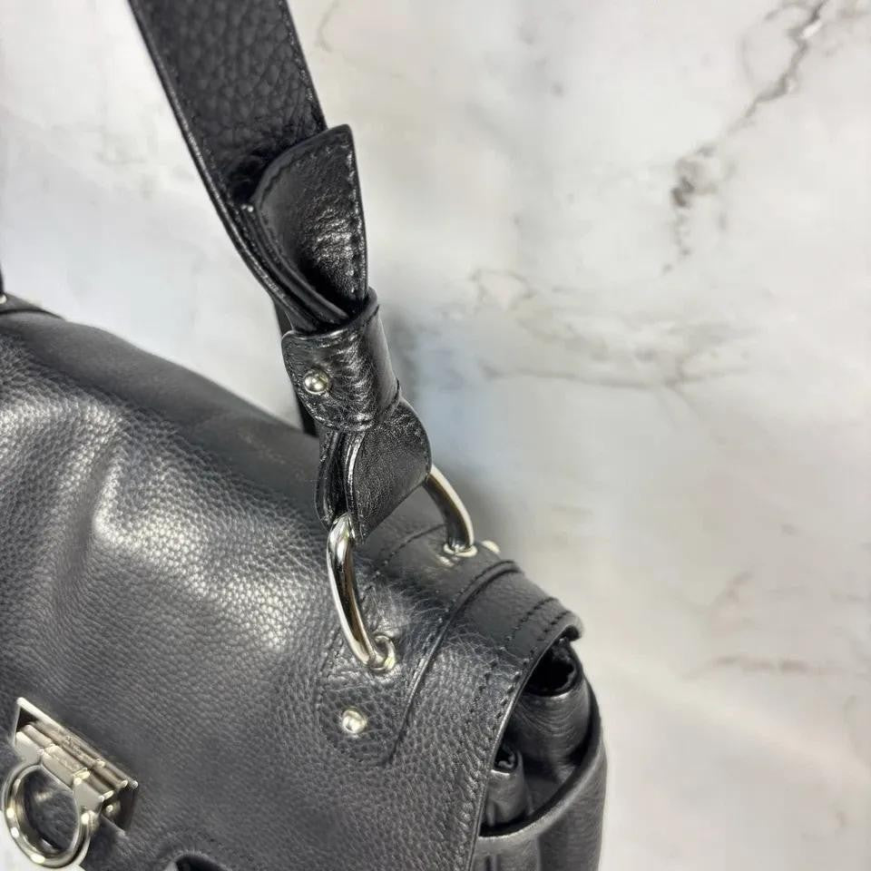 Salvatore Ferragamo Hand Bag Tote Purse Gancini Leather Black Authentic