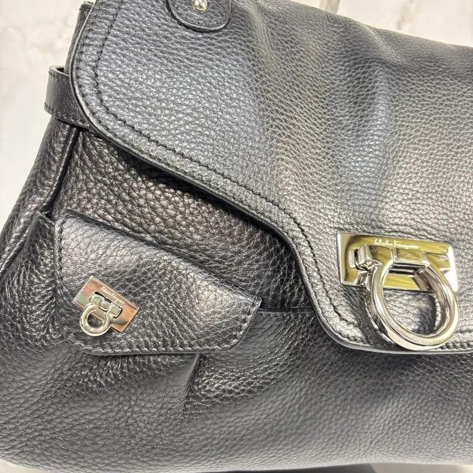 Salvatore Ferragamo Hand Bag Tote Purse Gancini Leather Black Authentic
