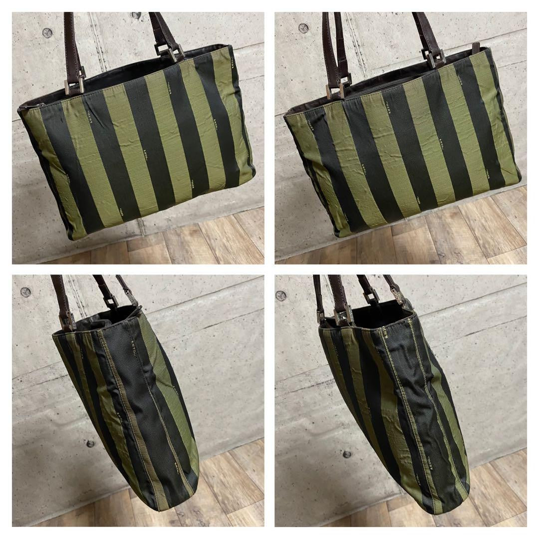 FENDI Hand Bag Tote Purse Pecan Canvas Leather Black Khaki Authentic