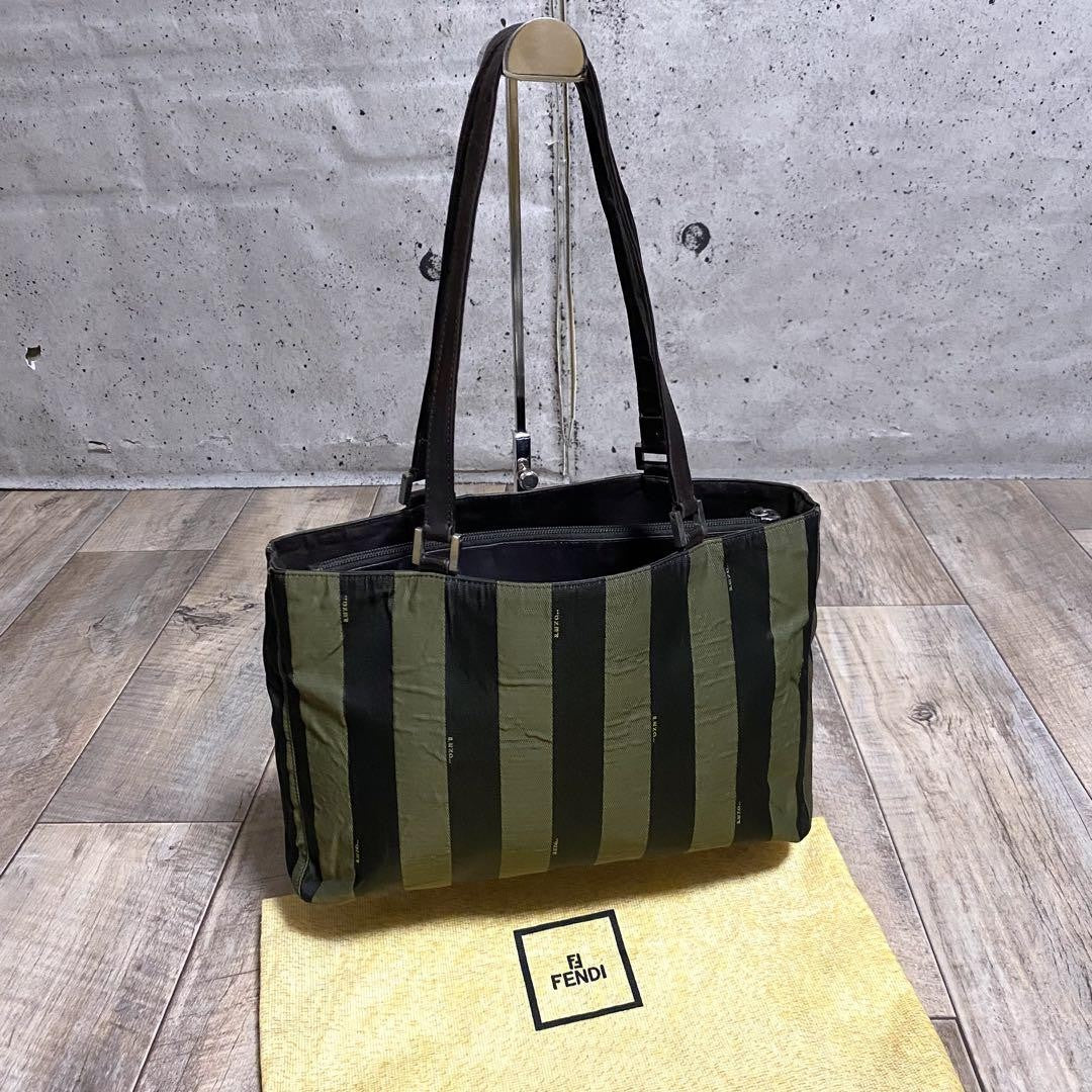 FENDI Hand Bag Tote Purse Pecan Canvas Leather Black Khaki Authentic