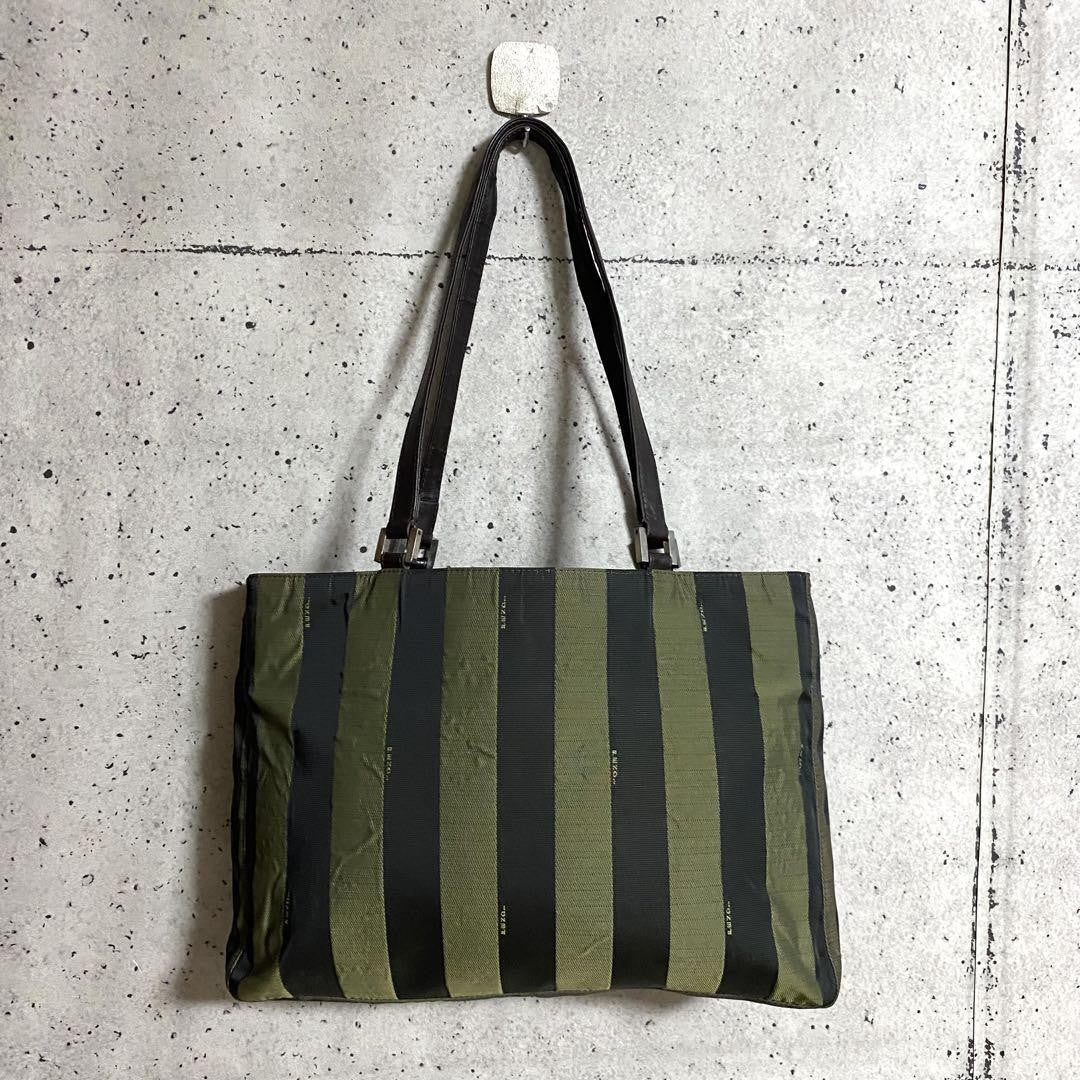 FENDI Hand Bag Tote Purse Pecan Canvas Leather Black Khaki Authentic