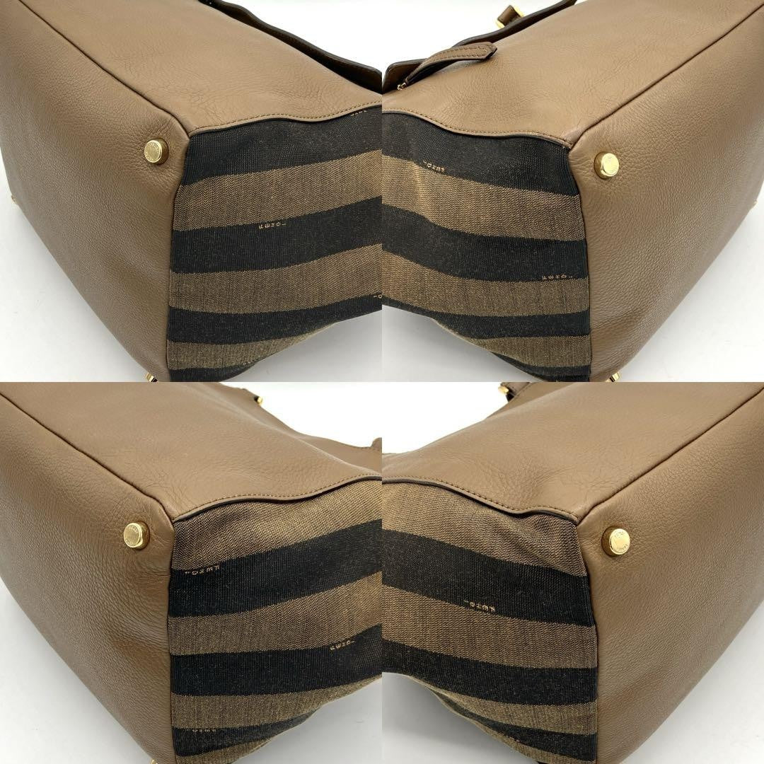 FENDI Hand Bag Tote Purse Pecan Canvas Leather Suede Brown Black Authentic