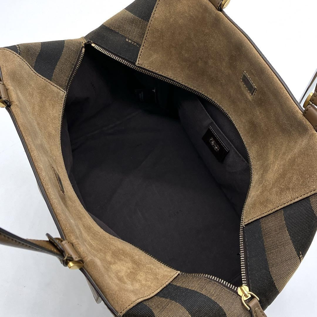 FENDI Hand Bag Tote Purse Pecan Canvas Leather Suede Brown Black Authentic