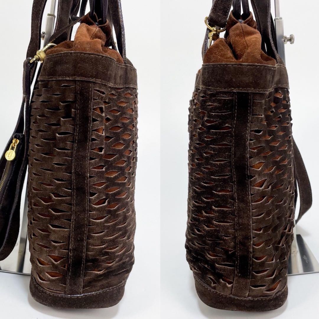 FENDI Hand Shoulder Bag Tote Purse 2way FF Suede Leather Brown Authentic