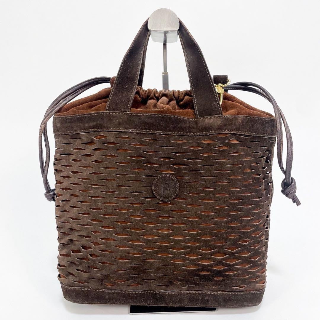 FENDI Hand Shoulder Bag Tote Purse 2way FF Suede Leather Brown Authentic