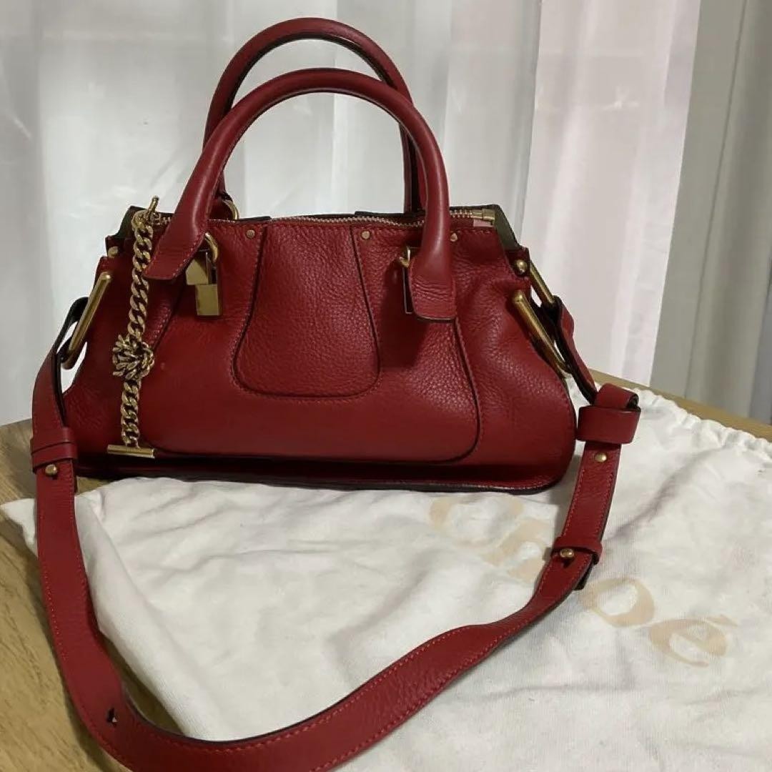 Chloe Hand Shoulder Bag Tote Purse 2way Leather Red Authentic