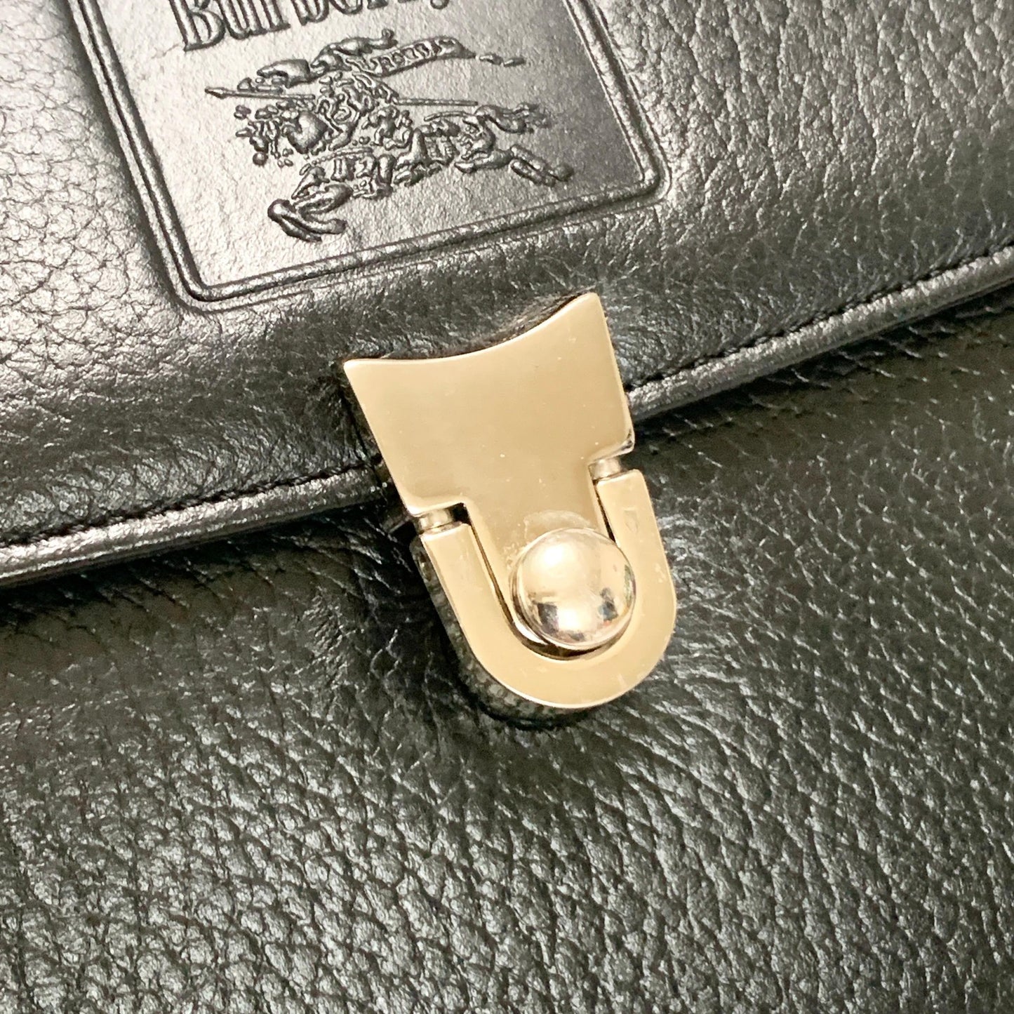 BURBERRY Handbag Horse Logo Nova Check Purse Leather Black Silver Authentic Used
