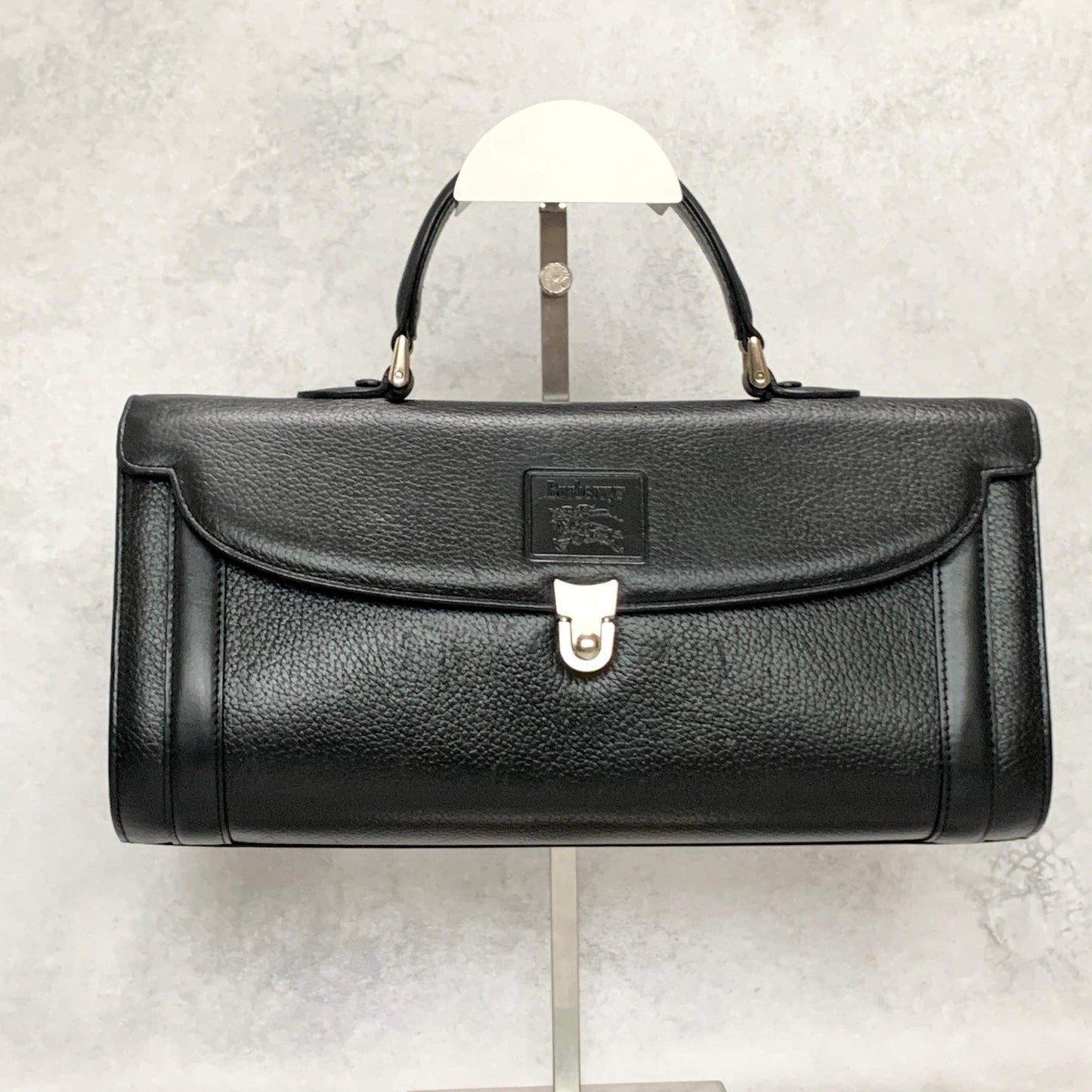 BURBERRY Handbag Horse Logo Nova Check Purse Leather Black Silver Authentic Used