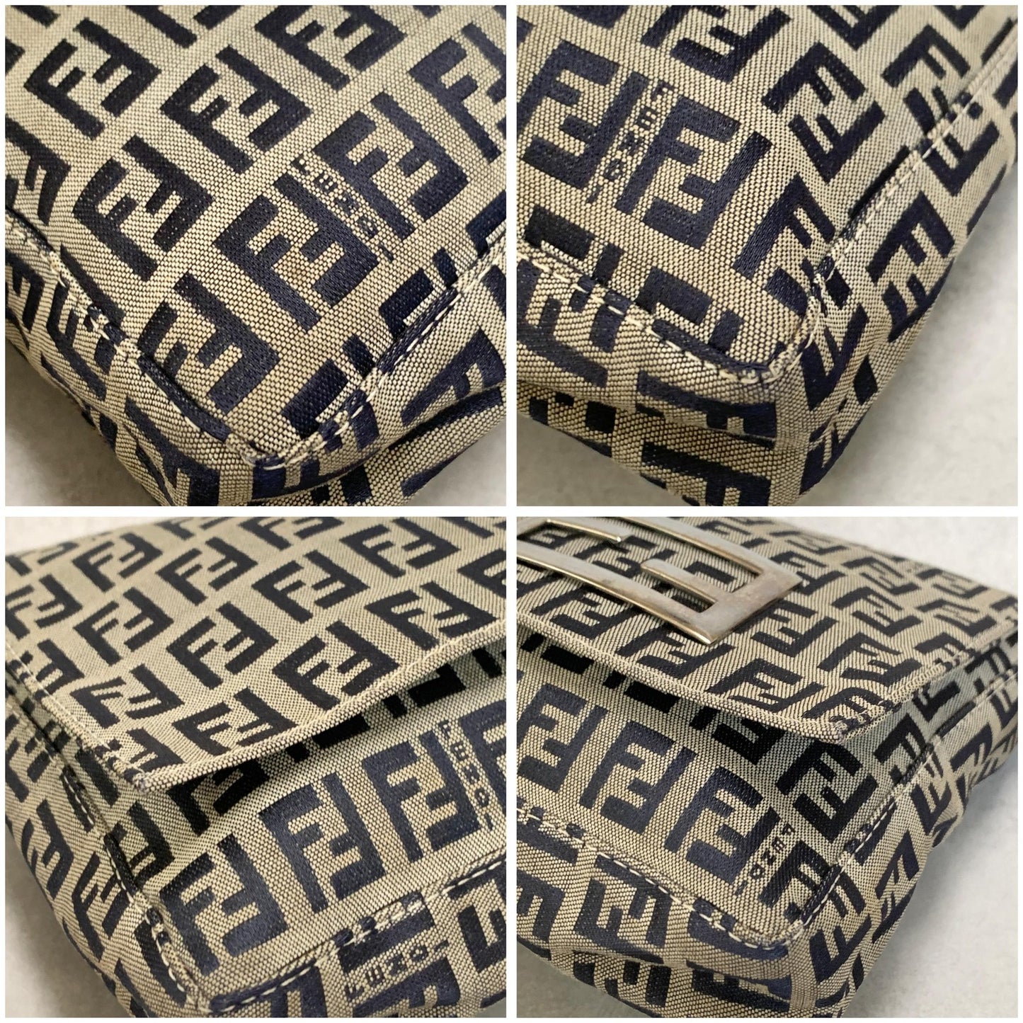 FENDI Bag Baguette FF Zucchino Shoulder Purse Canvas Leather Beige Black Auth
