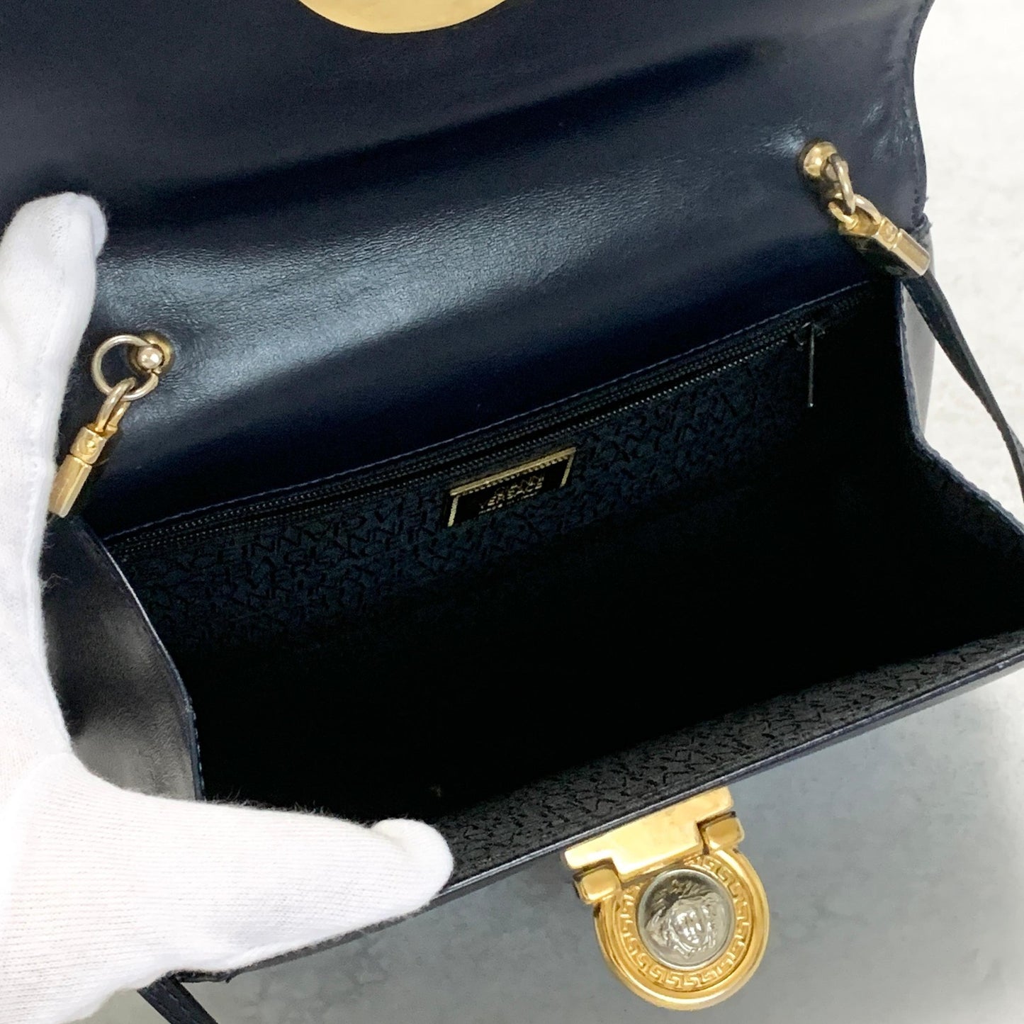 GIANNI VERSACE Medusa Shoulder Bag Purse Leather Dark Navy Women's Authentic
