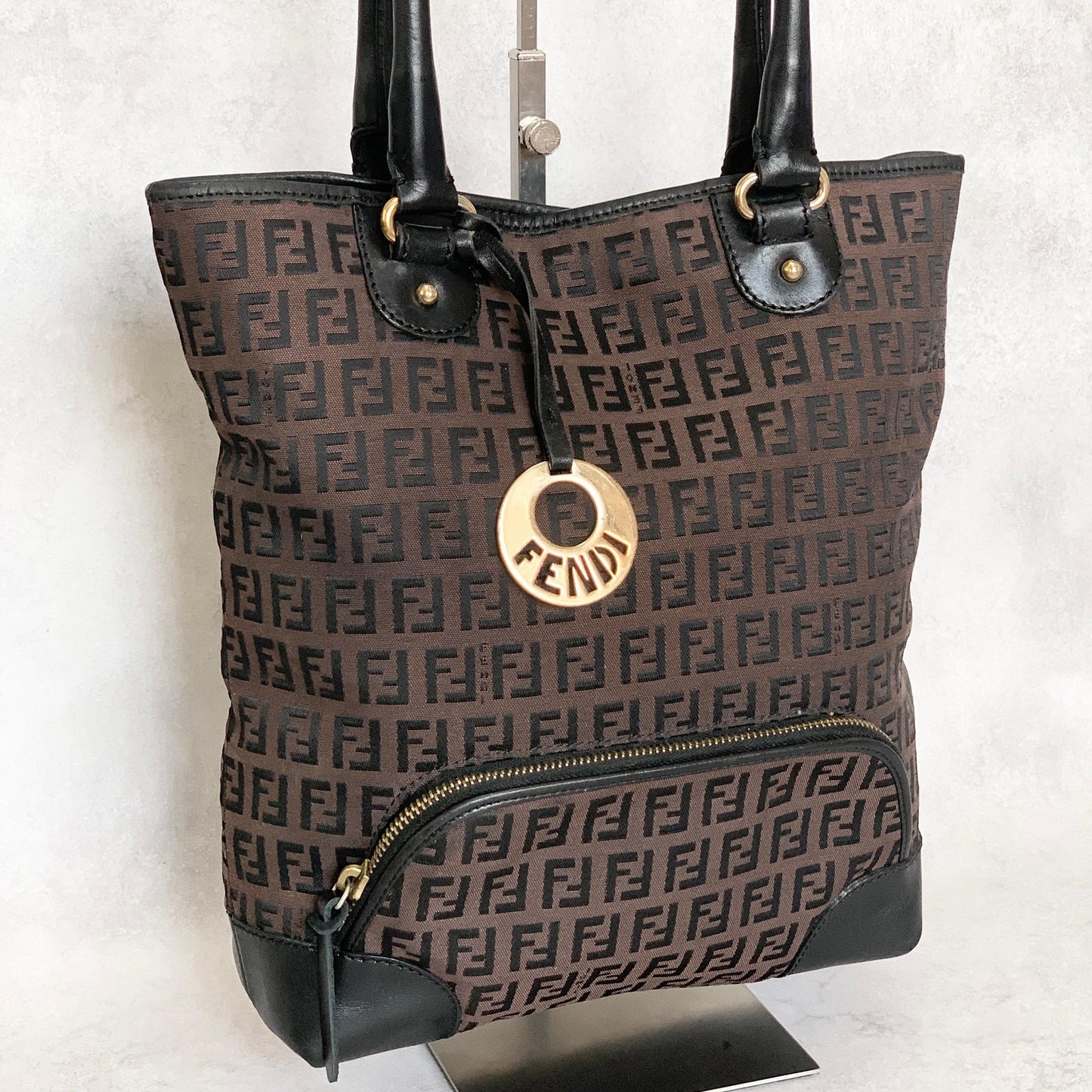 FENDI Zucchino FF Tote Bag Handbag Purse Canvas Leather Brown Black Gold Auth
