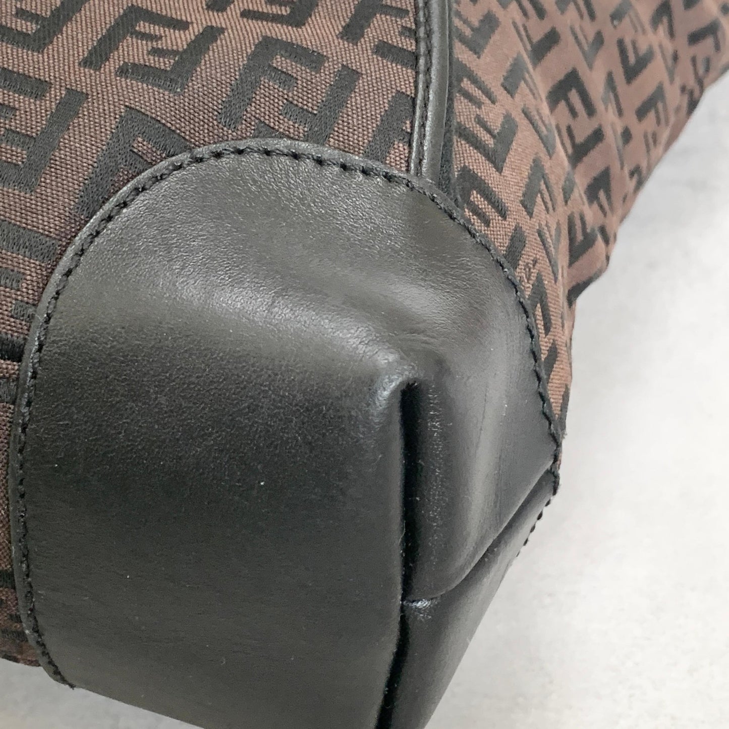 FENDI Zucchino FF Tote Bag Handbag Purse Canvas Leather Brown Black Gold Auth