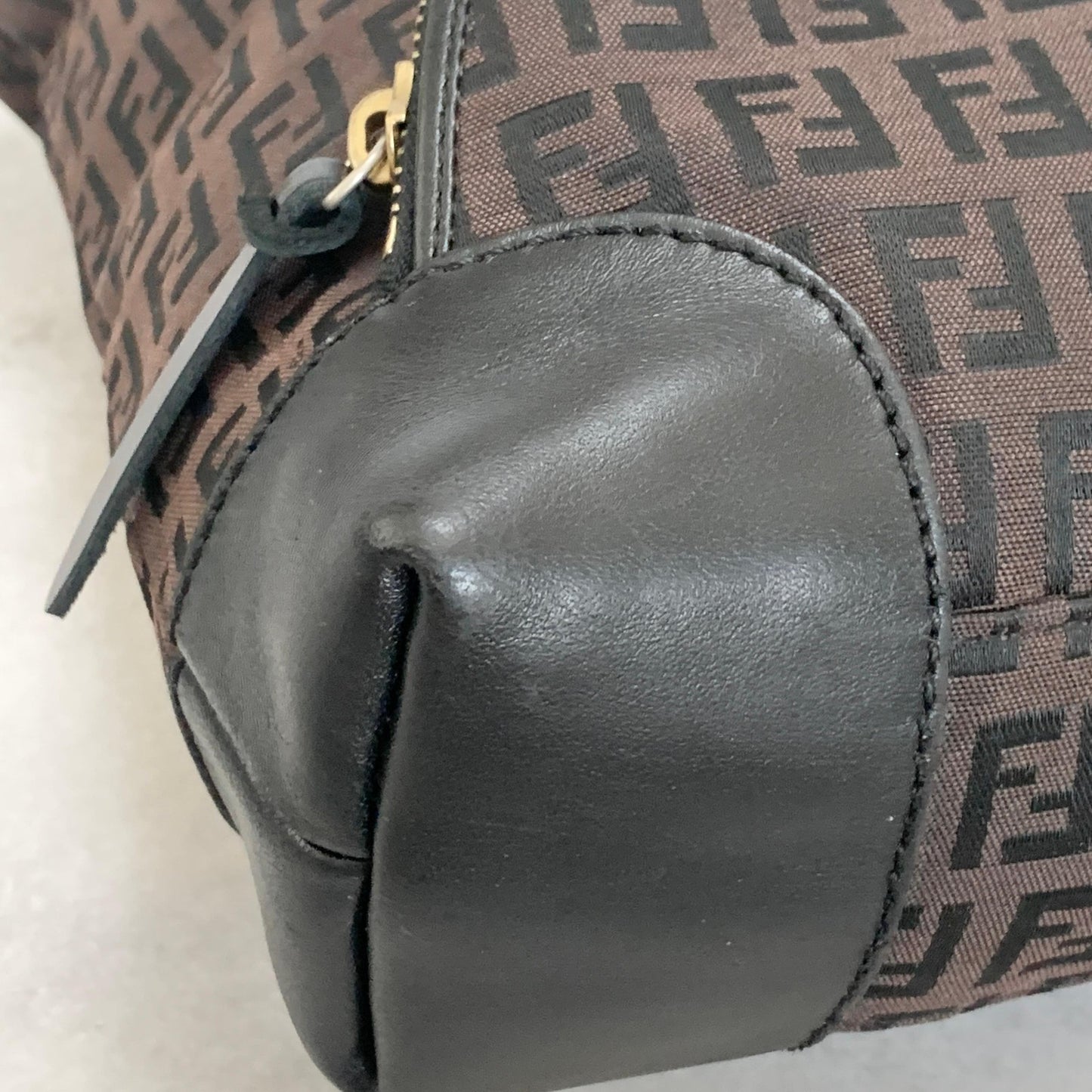 FENDI Zucchino FF Tote Bag Handbag Purse Canvas Leather Brown Black Gold Auth