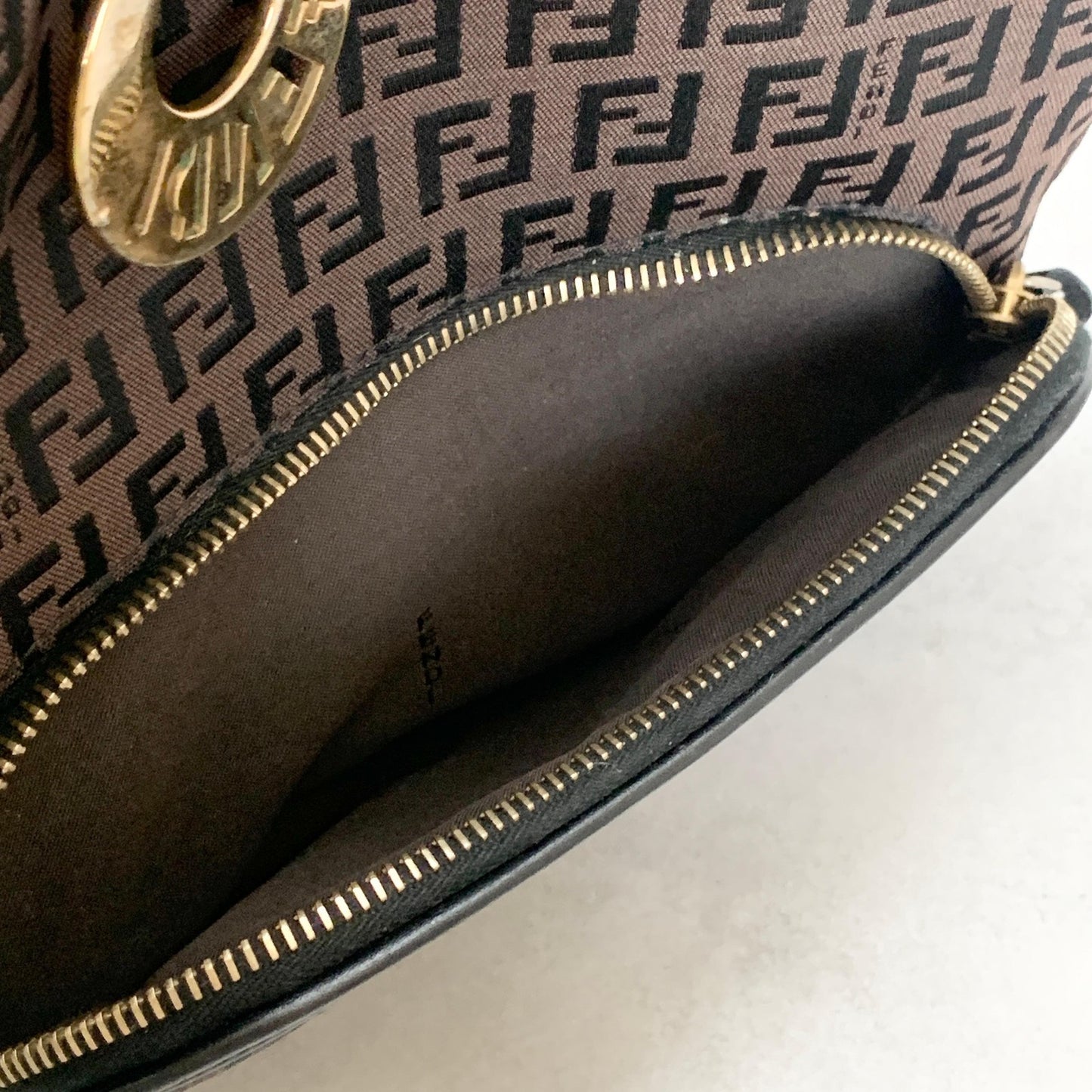 FENDI Zucchino FF Tote Bag Handbag Purse Canvas Leather Brown Black Gold Auth