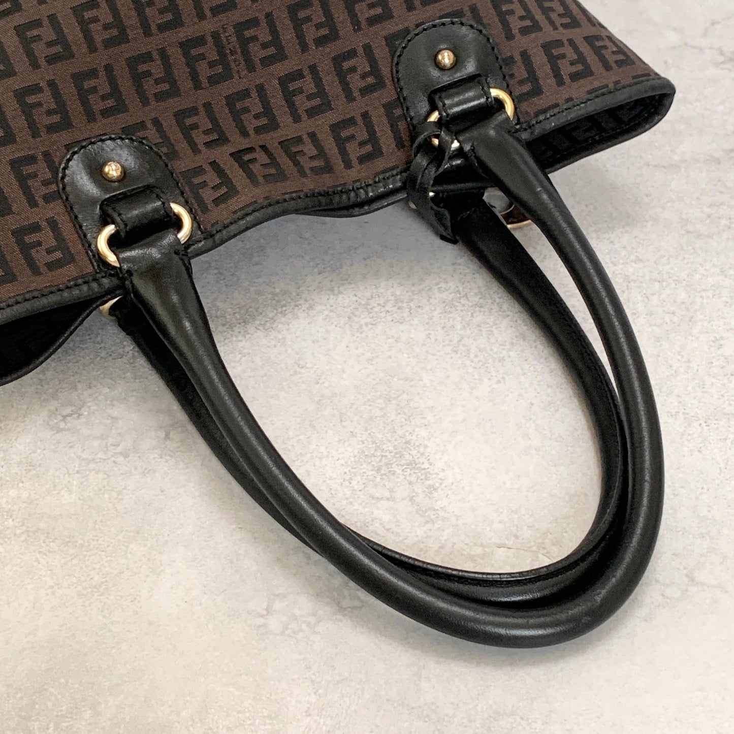 FENDI Zucchino FF Tote Bag Handbag Purse Canvas Leather Brown Black Gold Auth