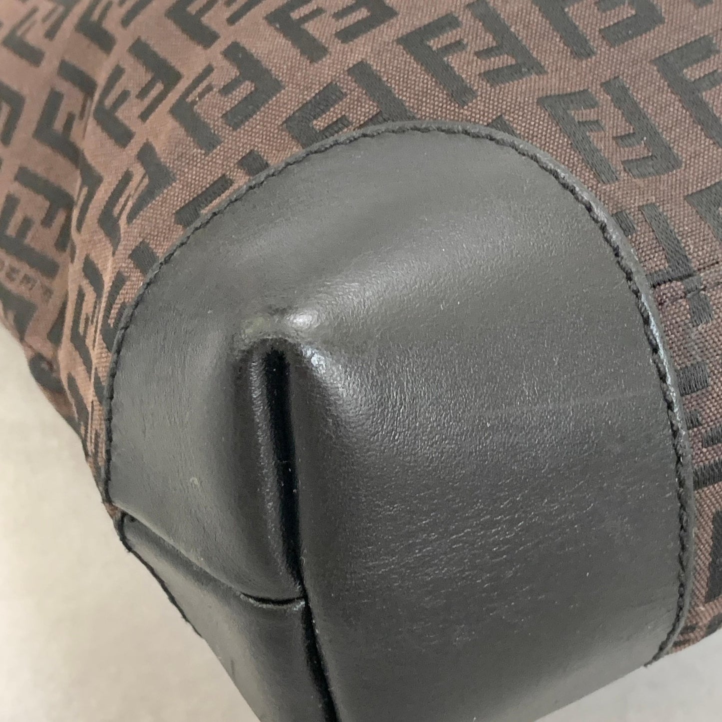 FENDI Zucchino FF Tote Bag Handbag Purse Canvas Leather Brown Black Gold Auth