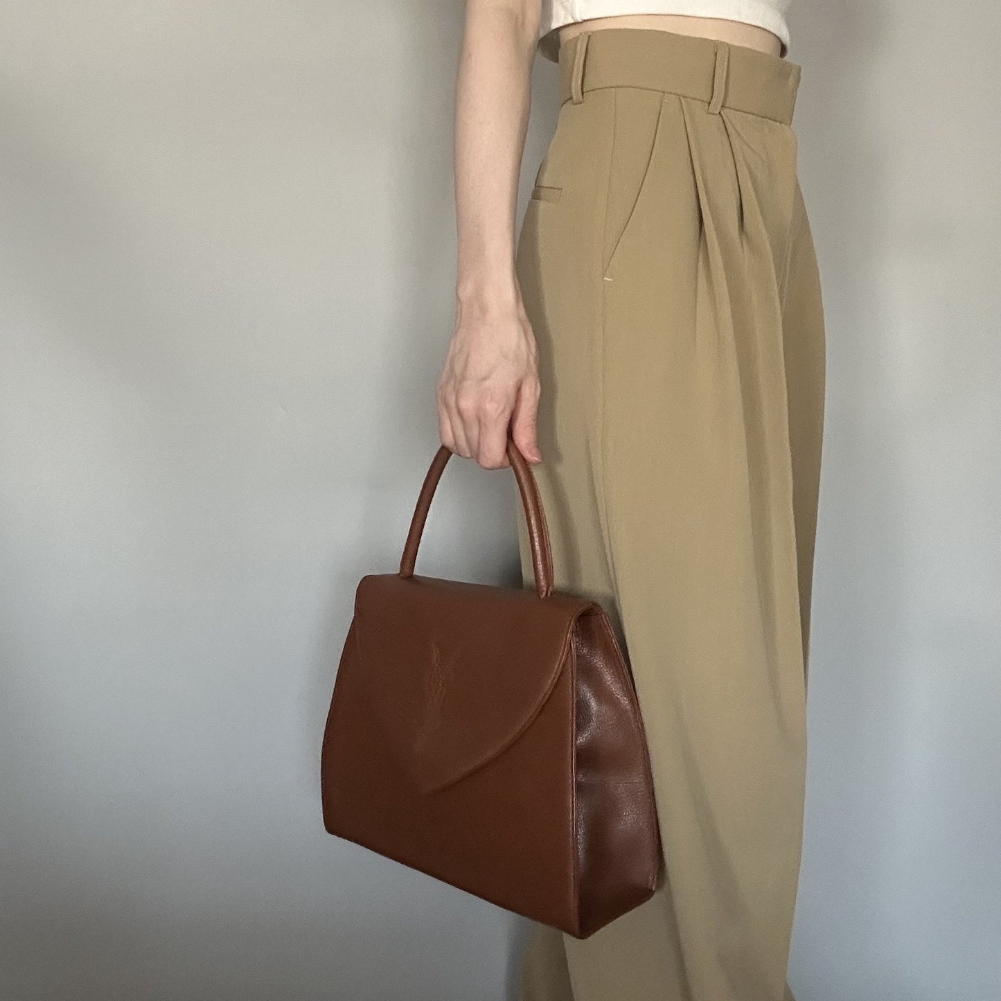 Saint Laurent Bag Cassandra YSL Logo Hand Tote Purse Leather Brown Gold Auth