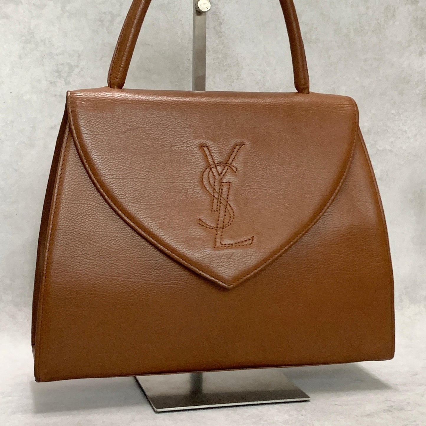 Saint Laurent Bag Cassandra YSL Logo Hand Tote Purse Leather Brown Gold Auth