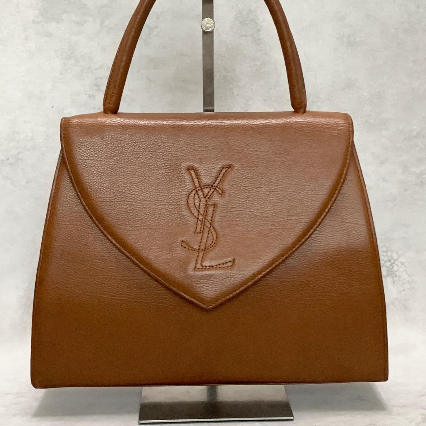 Saint Laurent Bag Cassandra YSL Logo Hand Tote Purse Leather Brown Gold Auth