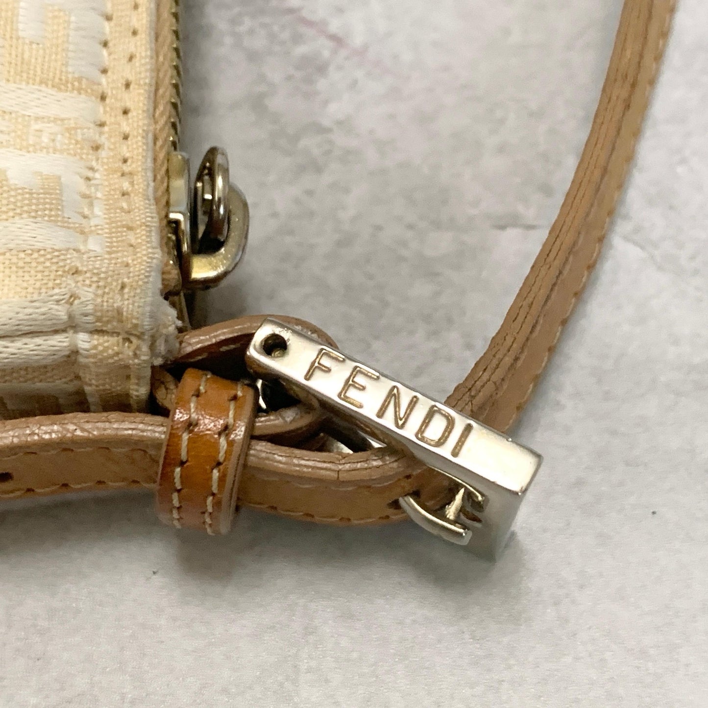 FENDI Bag FF Zucchino Shoulder Purse Canvas Leather White Brown Silver Authentic