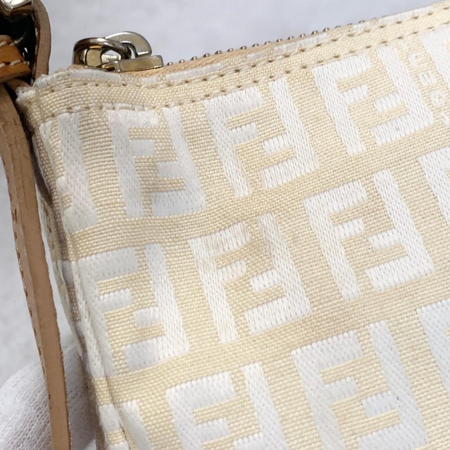 FENDI Bag FF Zucchino Shoulder Purse Canvas Leather White Brown Silver Authentic