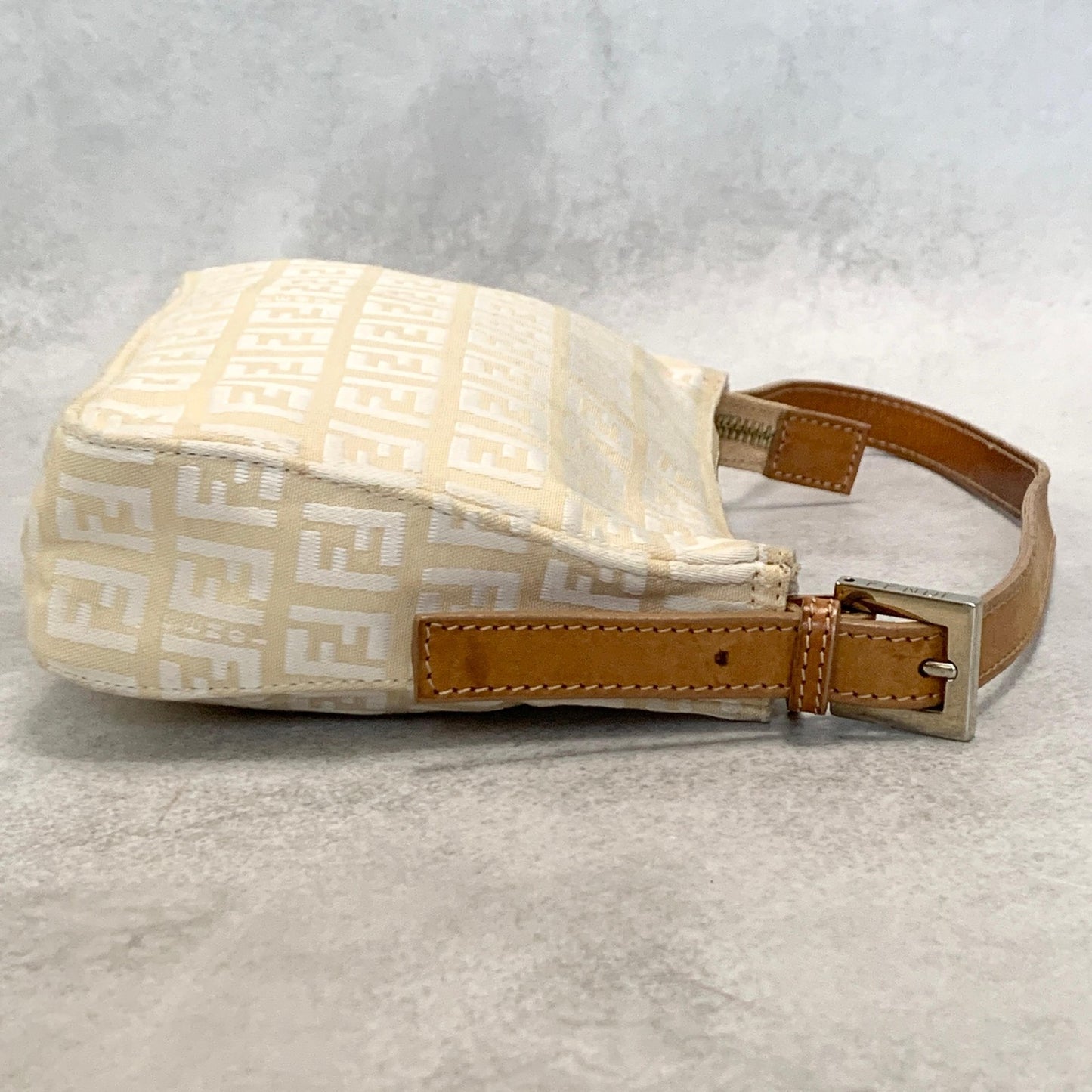 FENDI Bag FF Zucchino Shoulder Purse Canvas Leather White Brown Silver Authentic