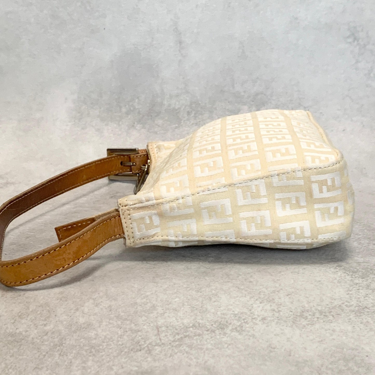 FENDI Bag FF Zucchino Shoulder Purse Canvas Leather White Brown Silver Authentic