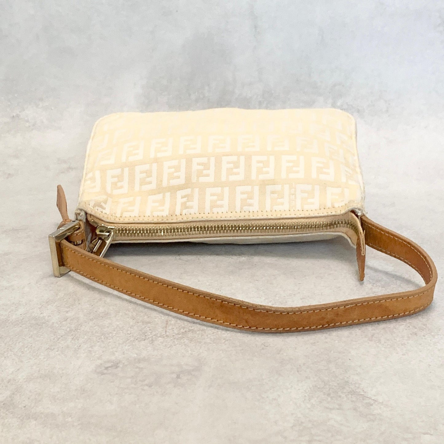 FENDI Bag FF Zucchino Shoulder Purse Canvas Leather White Brown Silver Authentic