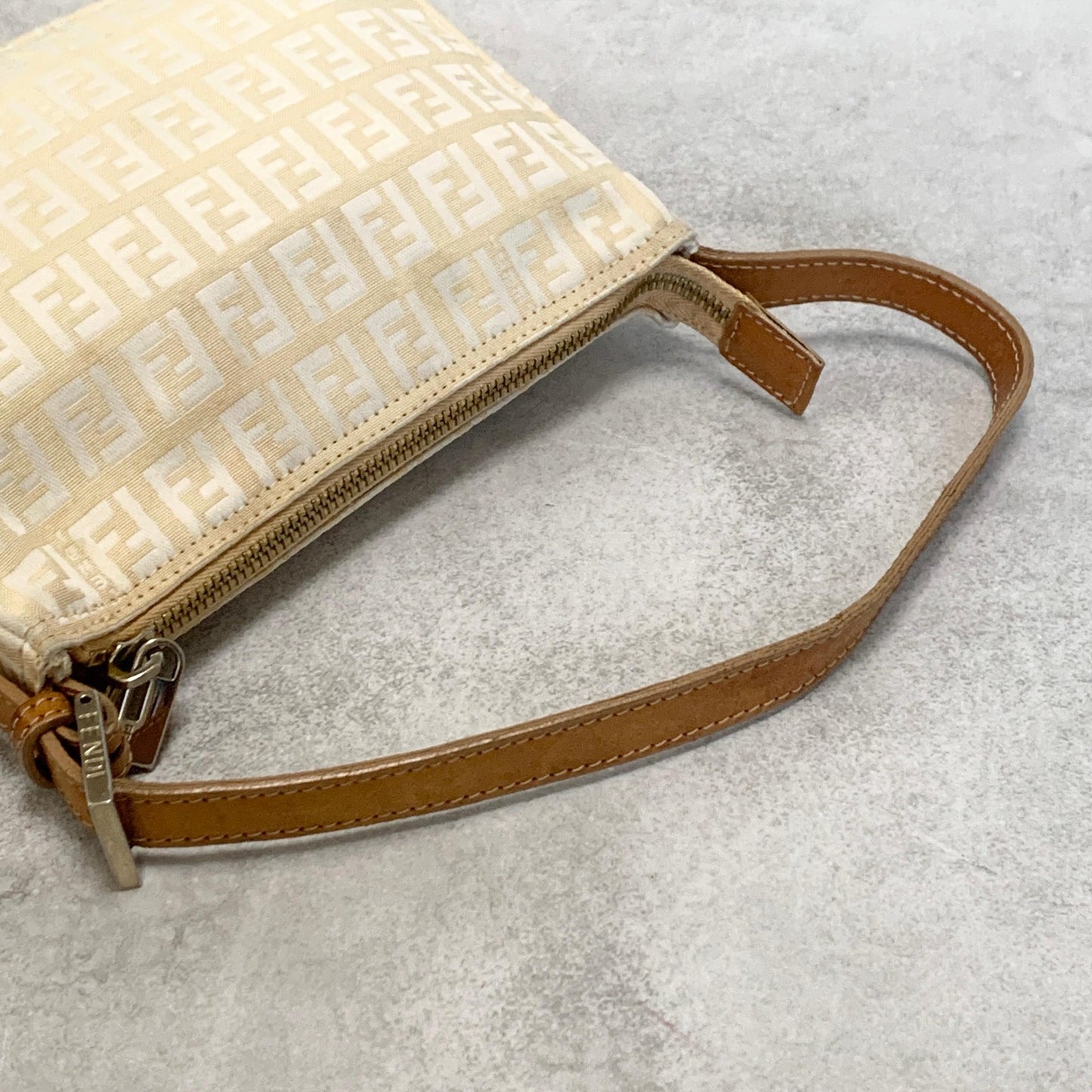 FENDI Bag FF Zucchino Shoulder Purse Canvas Leather White Brown Silver Authentic