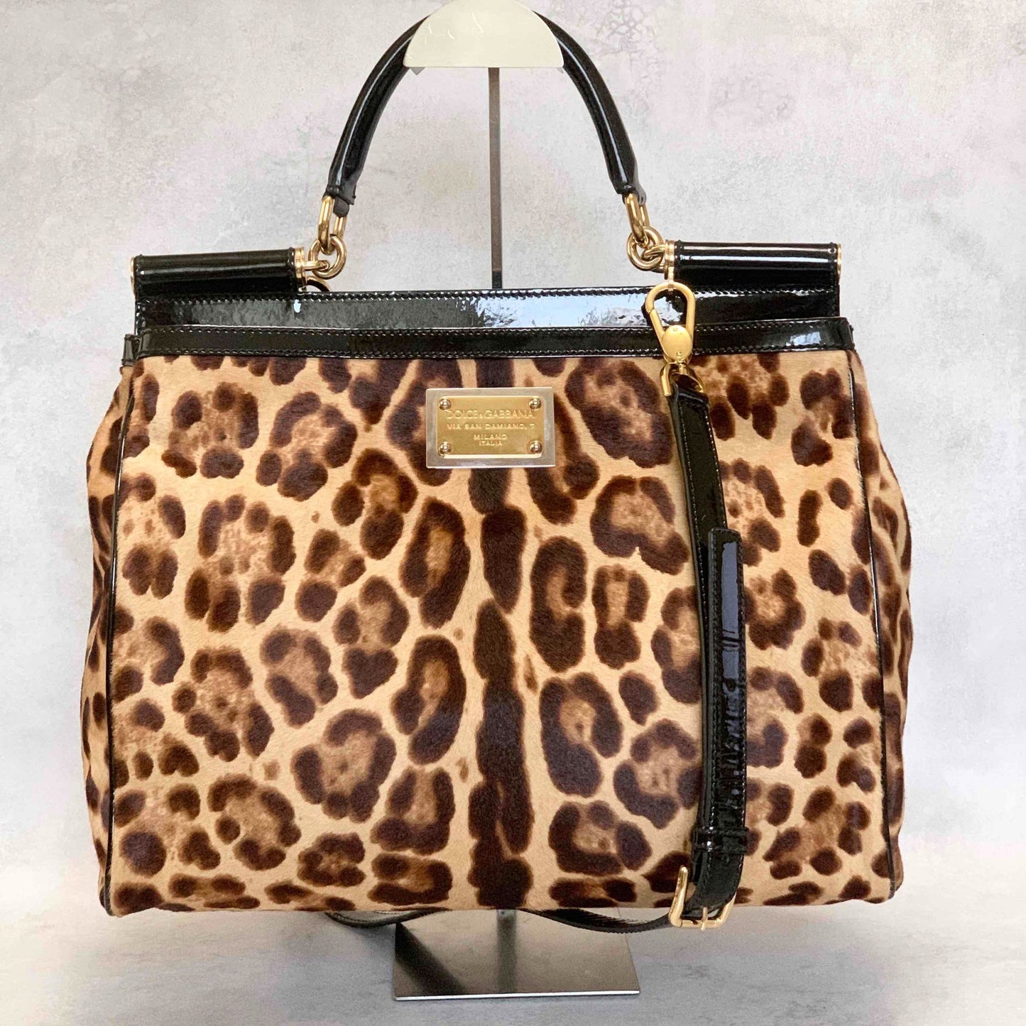 Dolce & Gabbana Sicily Leopard Handbag Shoulder Bag Purse Beige Brown Authentic