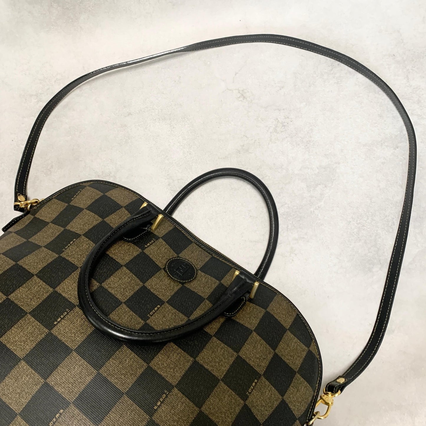 FENDI Pecan Bag Shoulder Handbag FF Tote Purse Leather Brown Black Used Auth