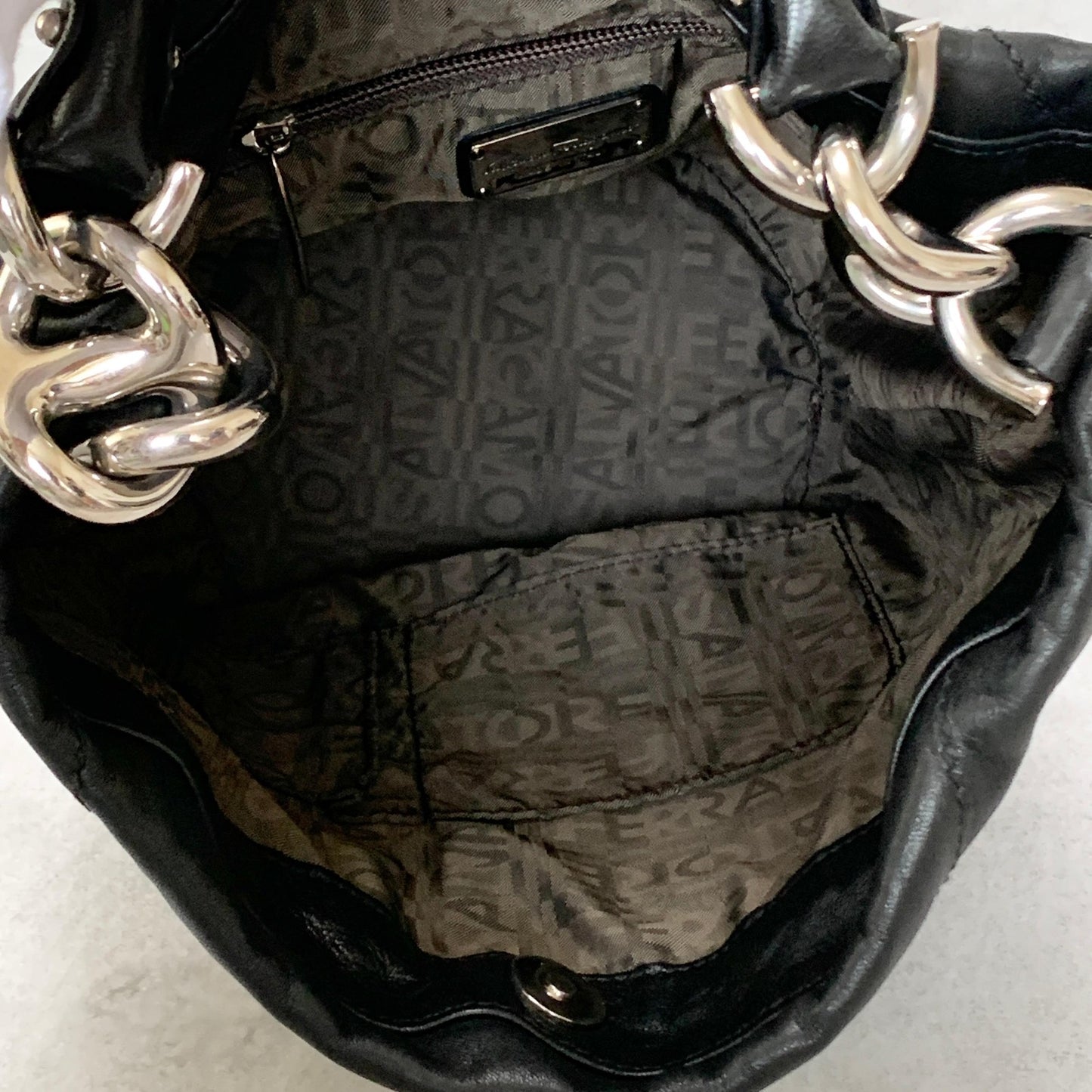 Salvatore Ferragamo Bag Logo Hand Tote Purse Leather Black Silver Authentic