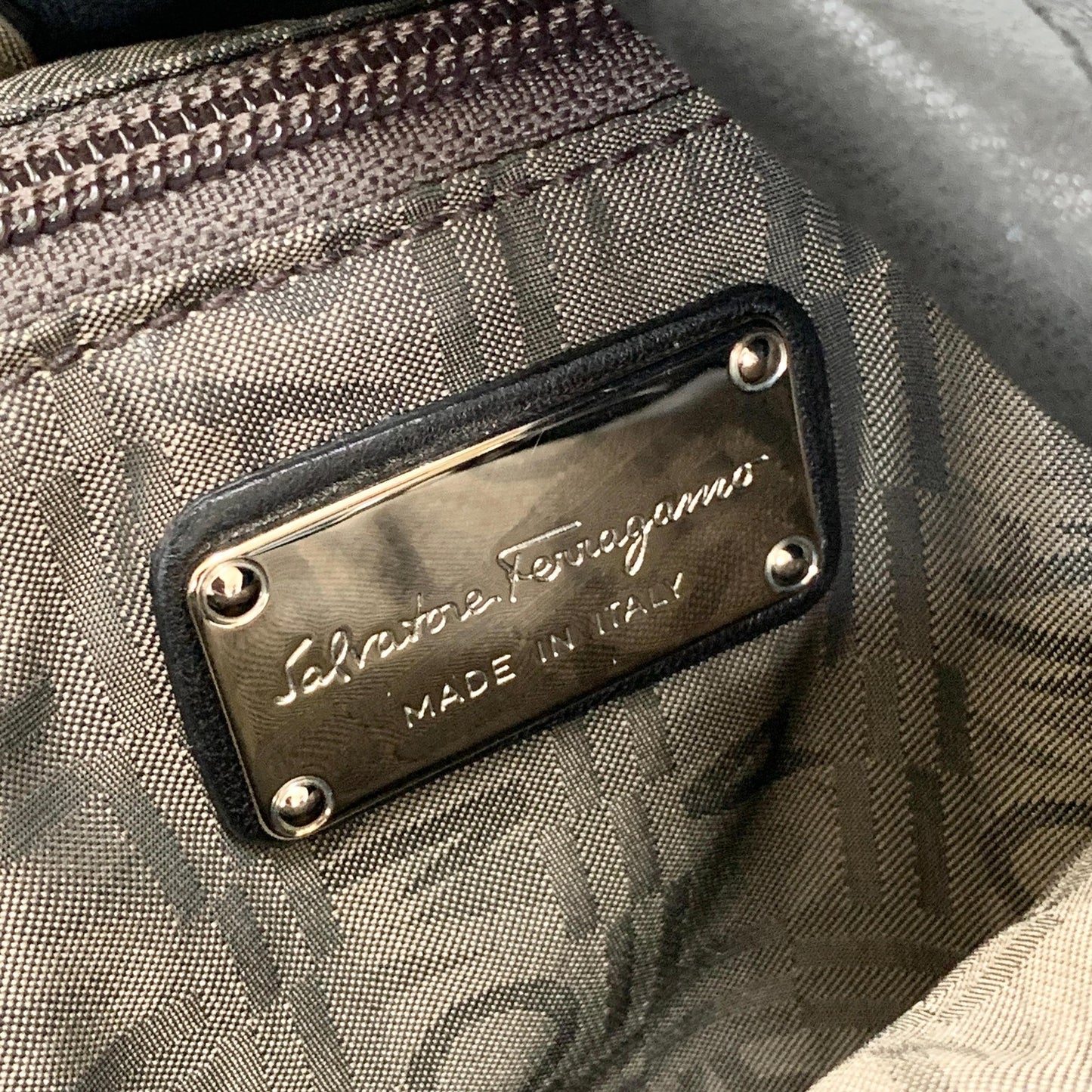 Salvatore Ferragamo Bag Logo Hand Tote Purse Leather Black Silver Authentic