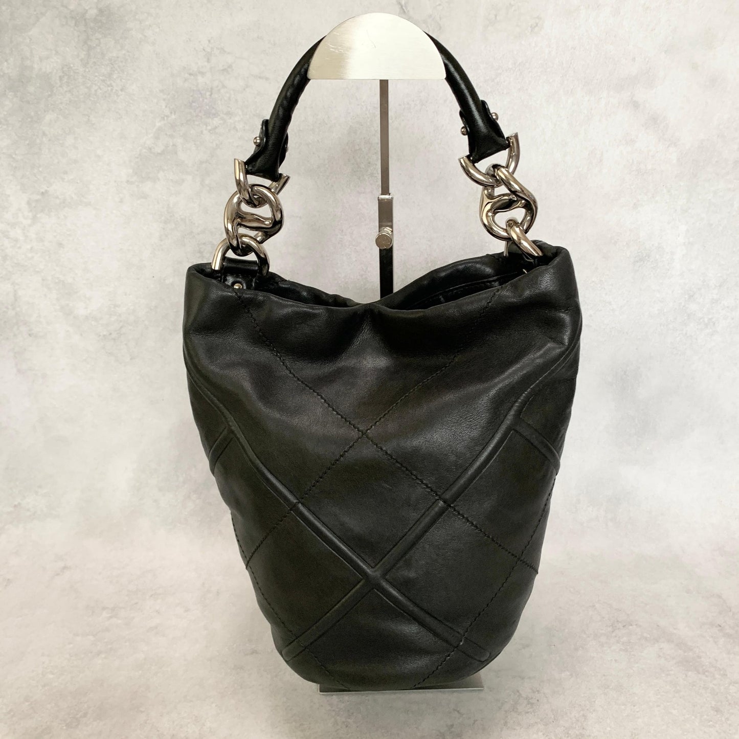 Salvatore Ferragamo Bag Logo Hand Tote Purse Leather Black Silver Authentic