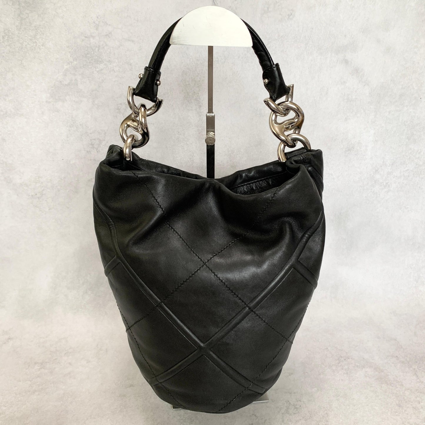 Salvatore Ferragamo Bag Logo Hand Tote Purse Leather Black Silver Authentic