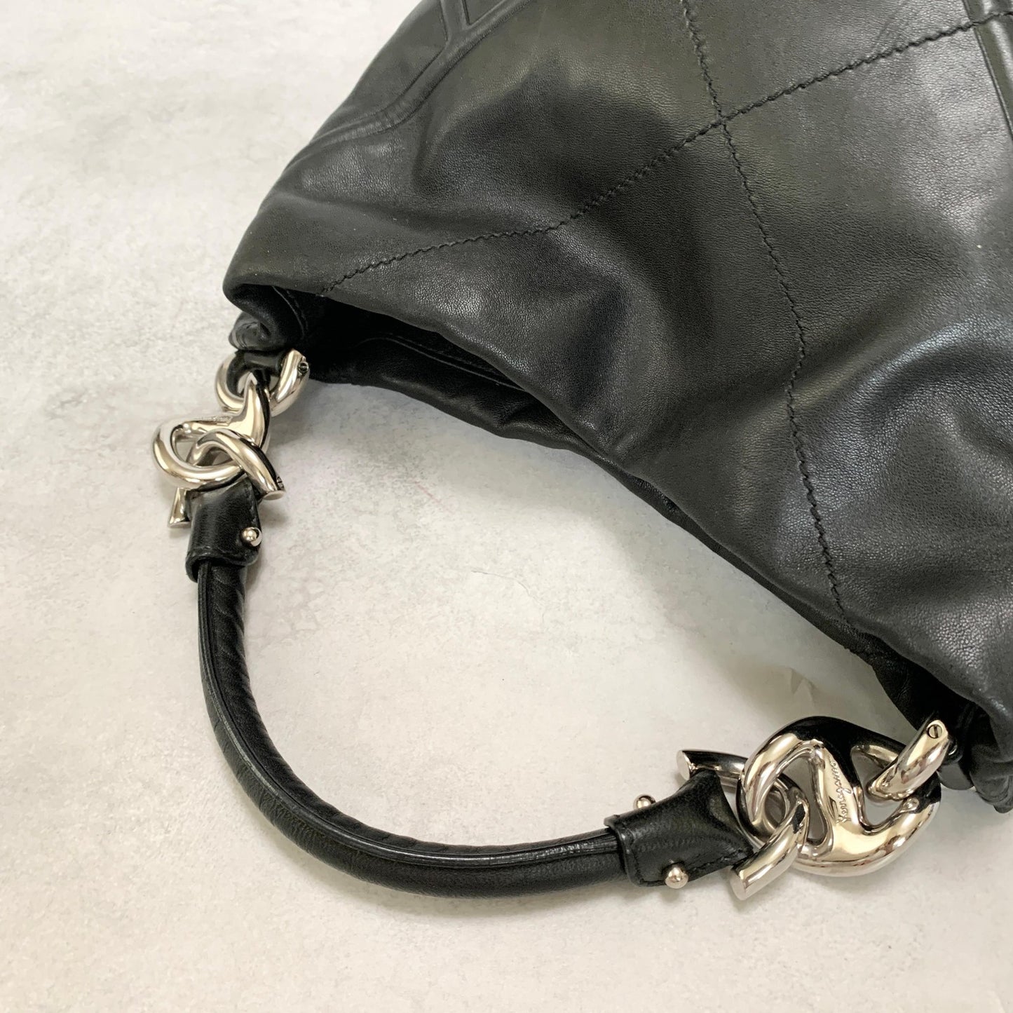 Salvatore Ferragamo Bag Logo Hand Tote Purse Leather Black Silver Authentic