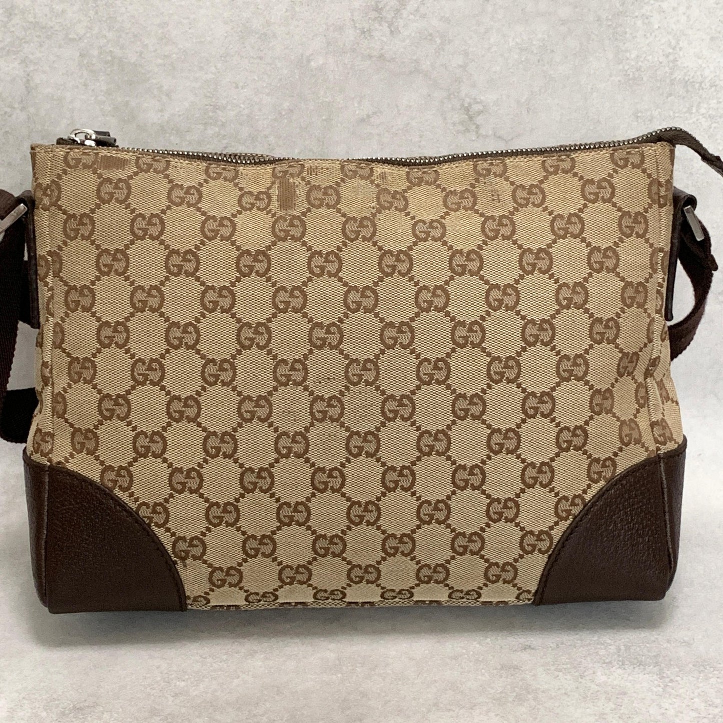 GUCCI Bag GG Canvas Shoulder Purse Canvas Leather Brown Silver Used Authentic