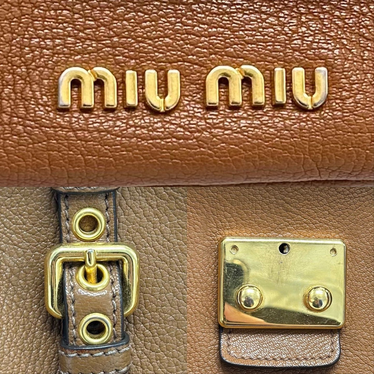 MIU MIU Hand Bag Tote Purse Mini Boston Bag Logo Leather Brown Authentic