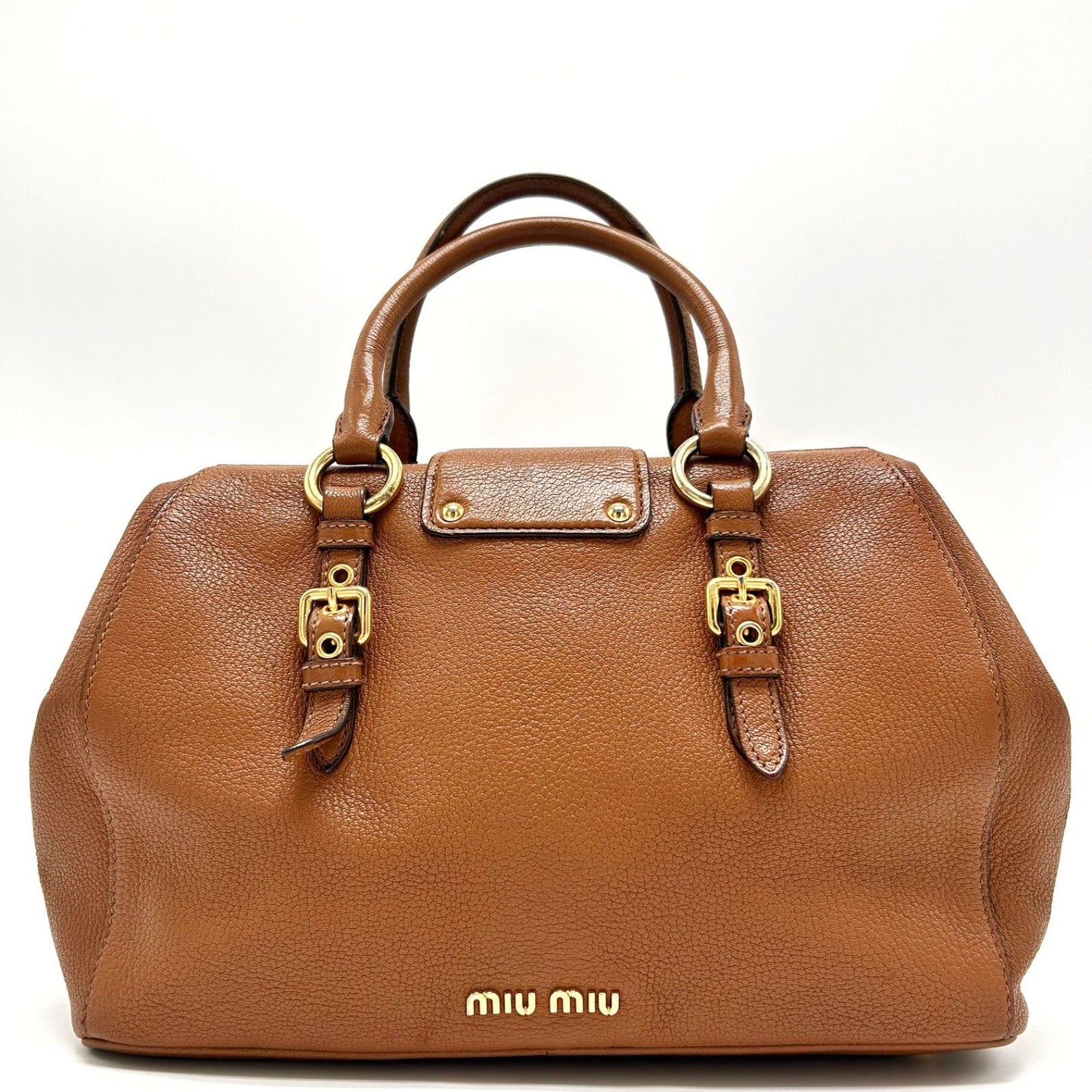 MIU MIU Hand Bag Tote Purse Mini Boston Bag Logo Leather Brown Authentic