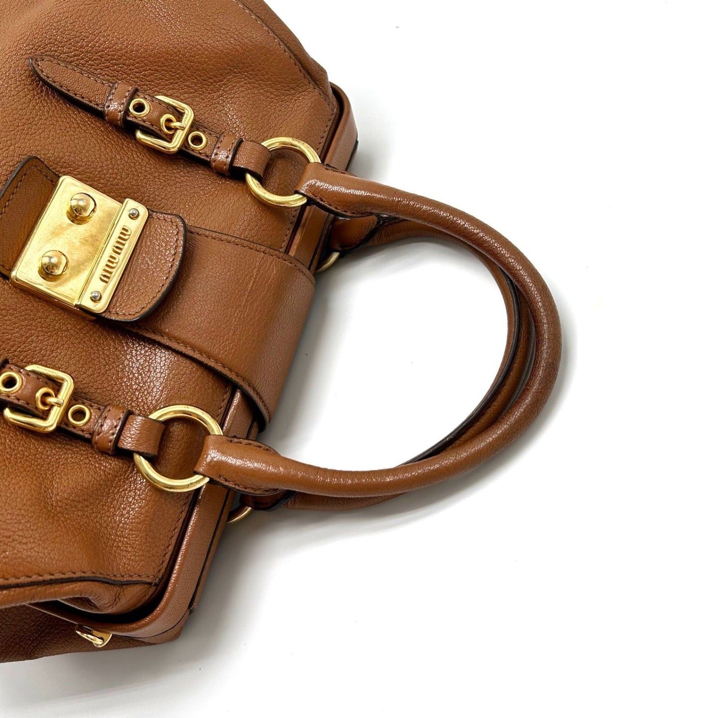 MIU MIU Hand Bag Tote Purse Mini Boston Bag Logo Leather Brown Authentic