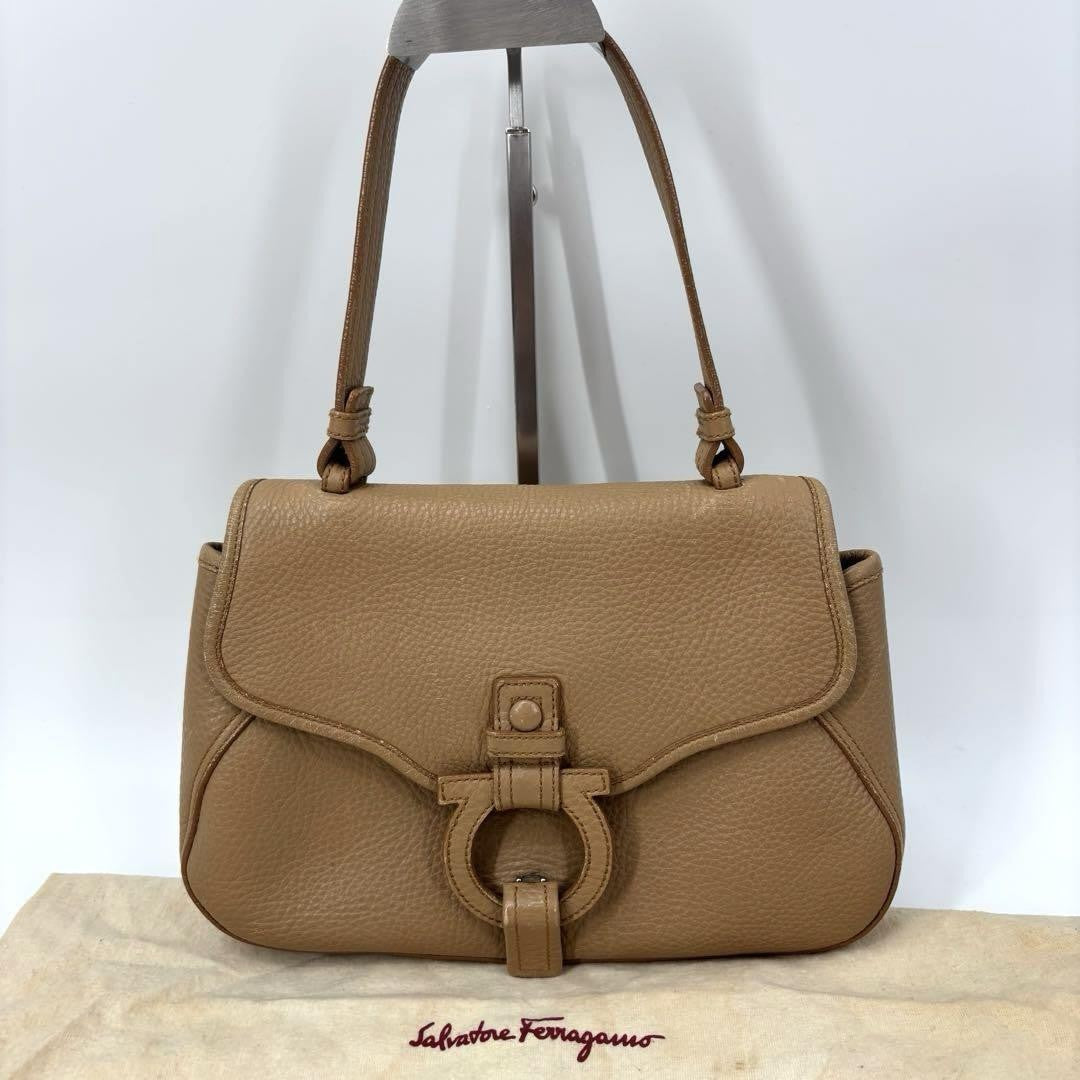 Salvatore Ferragamo Shoulder Bag Purse Gancini Leather Brown Beige Authentic