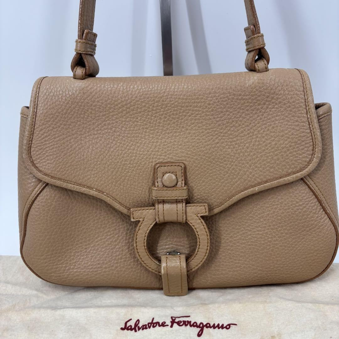 Salvatore Ferragamo Shoulder Bag Purse Gancini Leather Brown Beige Authentic
