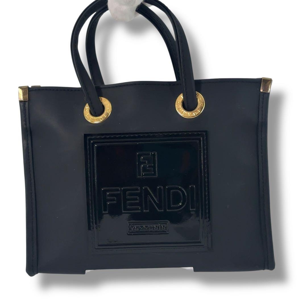 FENDI Hand Bag Tote Purse FF Leather Black Authentic