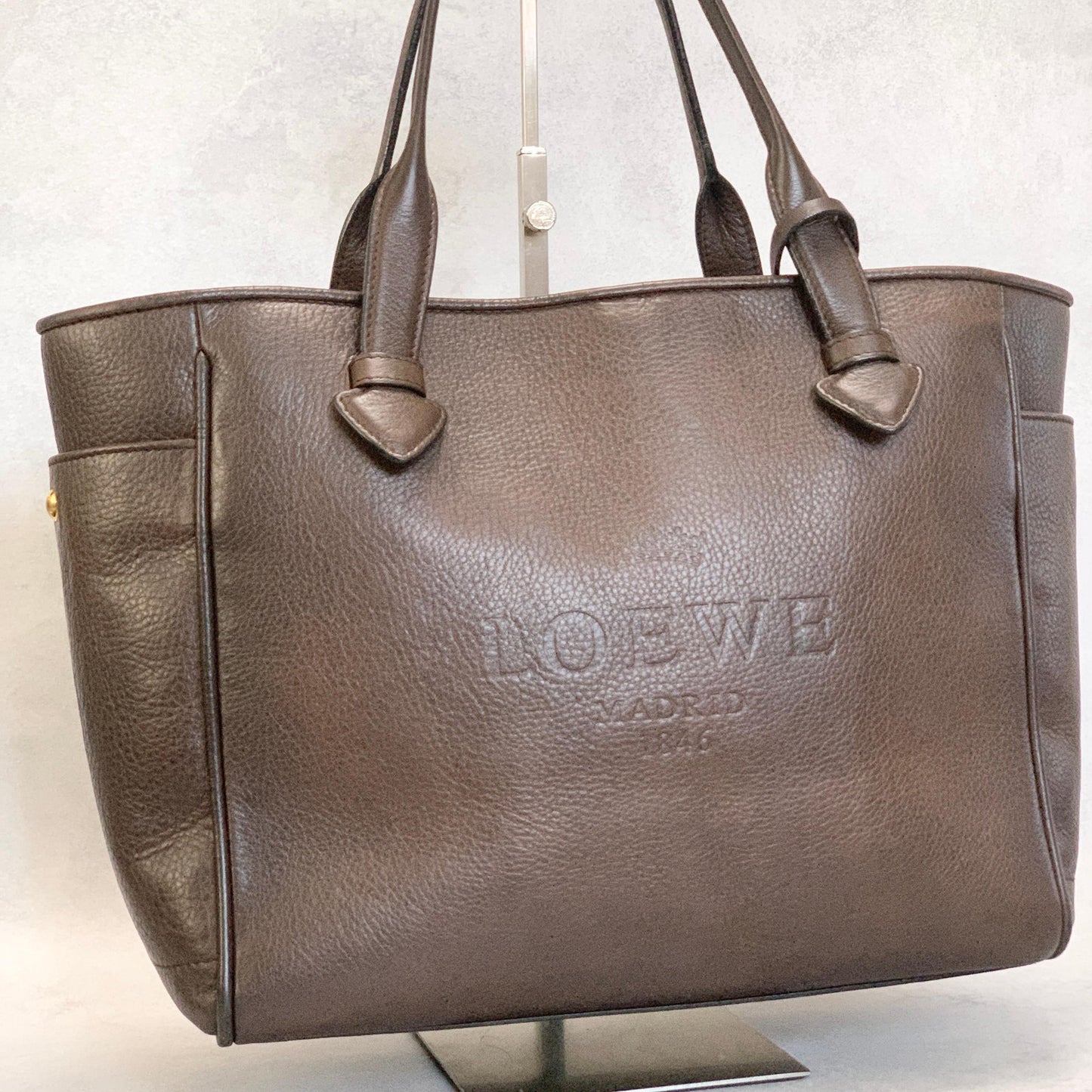 LOEWE Bag Logo Heritage Hand Tote Purse Leather Brown Gold Used Authentic